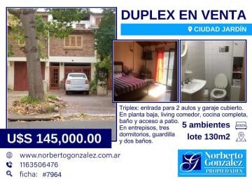 Casa · 130m² · 5 Ambientes · 3 Cocheras · En Venta en Ciudad Jardin Tríplex Garage Cubierto 3 Dorm. Dos Baños en Pleno Centro F: 7964