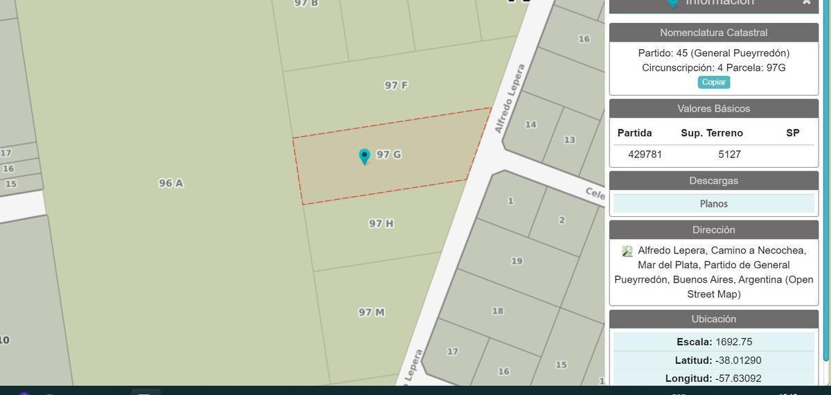 Lote (97 G) a escasos metros de ruta 88 sobre la calle lepera de 5.127 m2