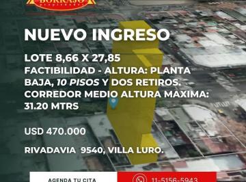 Terreno · 2600m² · 6 Dormitorios · Lote en Venta, Villa Luro. 8 X 27.85 10 Pisos y Dos Retiros. Planos Aprobados