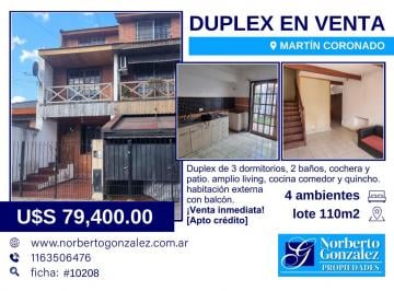 Casa · 90m² · 4 Ambientes · 1 Cochera · En Venta en Martin Coronado; Duplex de 4 Ambientes Dos Baños Apto Credito F: 10208