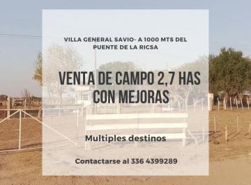 Campo · 55m² · 3 Ambientes · 1 Cochera · Campo de 2,7 Ha con Mejoras en Villa General Savio