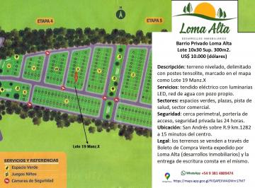 Terreno · 300m² · Barrio Privado Loma Alta Lote 10x30 Sup. 300 m². Us$10.000 (Dólares)