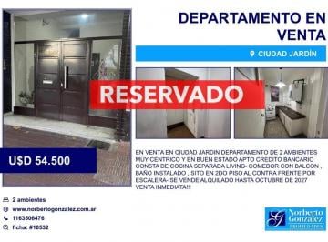 Departamento · 35m² · 2 Ambientes · En Venta en Ciudad Jardin Departamento de 2 Ambientes en 3er Piso F: 10532