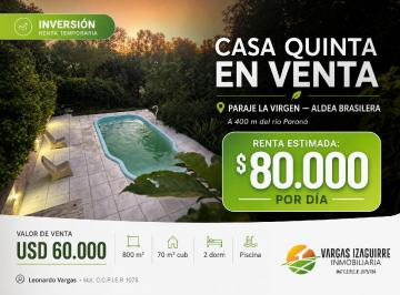 Quinta vacacional de 3 ambientes, Aldea Brasilera · Casa Quinta en Venta a 400 m del Río Paraná: Oportunidad de Inversión Para Renta y Alquiler Tem