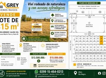 Terreno , Allen · Lote de 315 m en Don Lorenzo | Acceso Martin Fierro y Ruta 65.