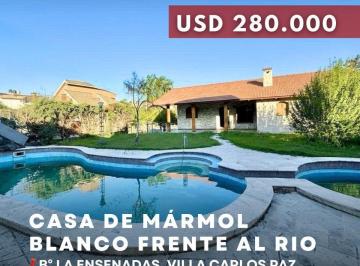Casa · 300m² · 6 Ambientes · 1 Cochera · Casa de Marmol Blanco 3 Dorm. con Piscina Frente Al Rio en Las Ensenadas, Villa Carlos Paz
