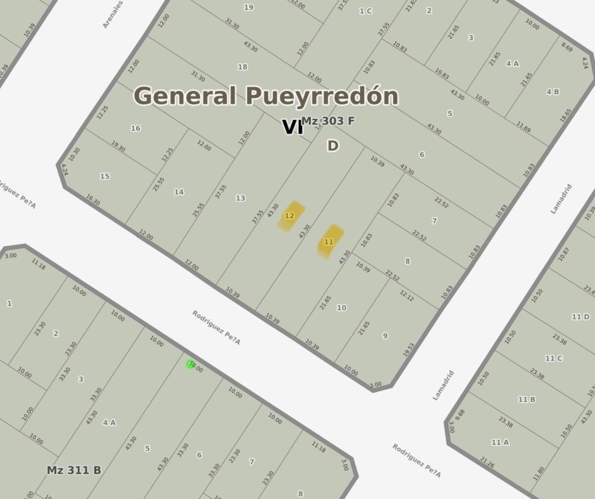 Dos lotes contiguos de 10,39 m x 43,30 m — Zona Guemes