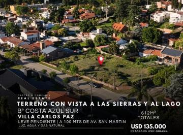 Terreno · 612m² · Venta Terreno de 612 m² con Vista Al Lago y Gas Natural en Costa Azul Sur - Villa Carlos Paz