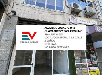 Local comercial · 70m² · 5 Ambientes · Alquiler. Chacabuco y San Jeronimo. Local 70 m². Pb + Susbuelo. 2 Baños. No Paga Expensas