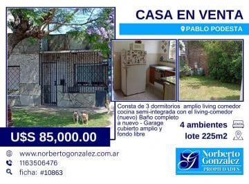 Casa · 80m² · 4 Ambientes · 2 Cocheras · Casa en Venta en Pablo Podesta 4 Ambientes Cochera Fondo F: 10863