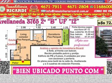 Departamento · 43m² · 2 Ambientes · Bien Ubicado Punto Com. Balcon Frte Plaza Velez Sarsfield