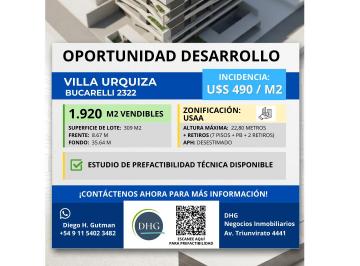 Terreno , Villa Urquiza · Oportunidad Villa Urquiza - Incidencia U$s 490 - 1920 m² Vendibles - Estudio de Prefactibilidad