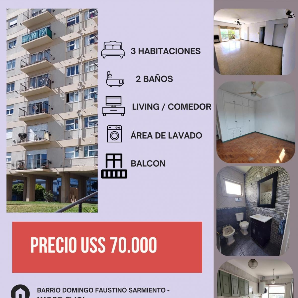 Dpto. Amplio listo para mudarse. 4 ambientes: 3 dorm. | 2 baños | 86 m² | 2º piso| balcón