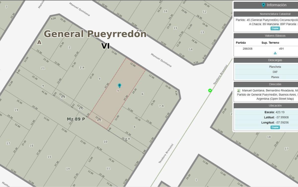 Venta - Lote de 37,30 m x 12,00 m - Zona Bernardino Rivadavia