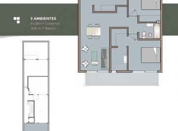 Departamento · 64m² · 3 Ambientes · Depto en Venta 1er Piso Al Frente - 3 Ambientes con Balcón - a Estrenar