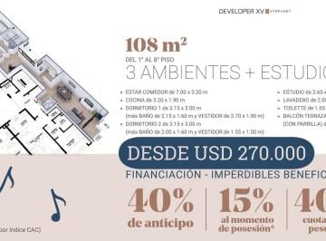 Departamento · 105m² · 3 Ambientes · 3 Ambientes con Estudio - Developer Xv Symphony 3
