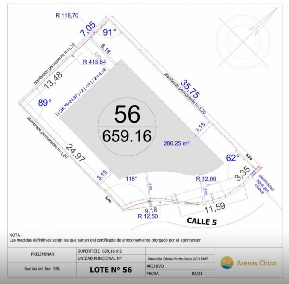 Lote en Barrio privado Arenas Chico de 659 m²