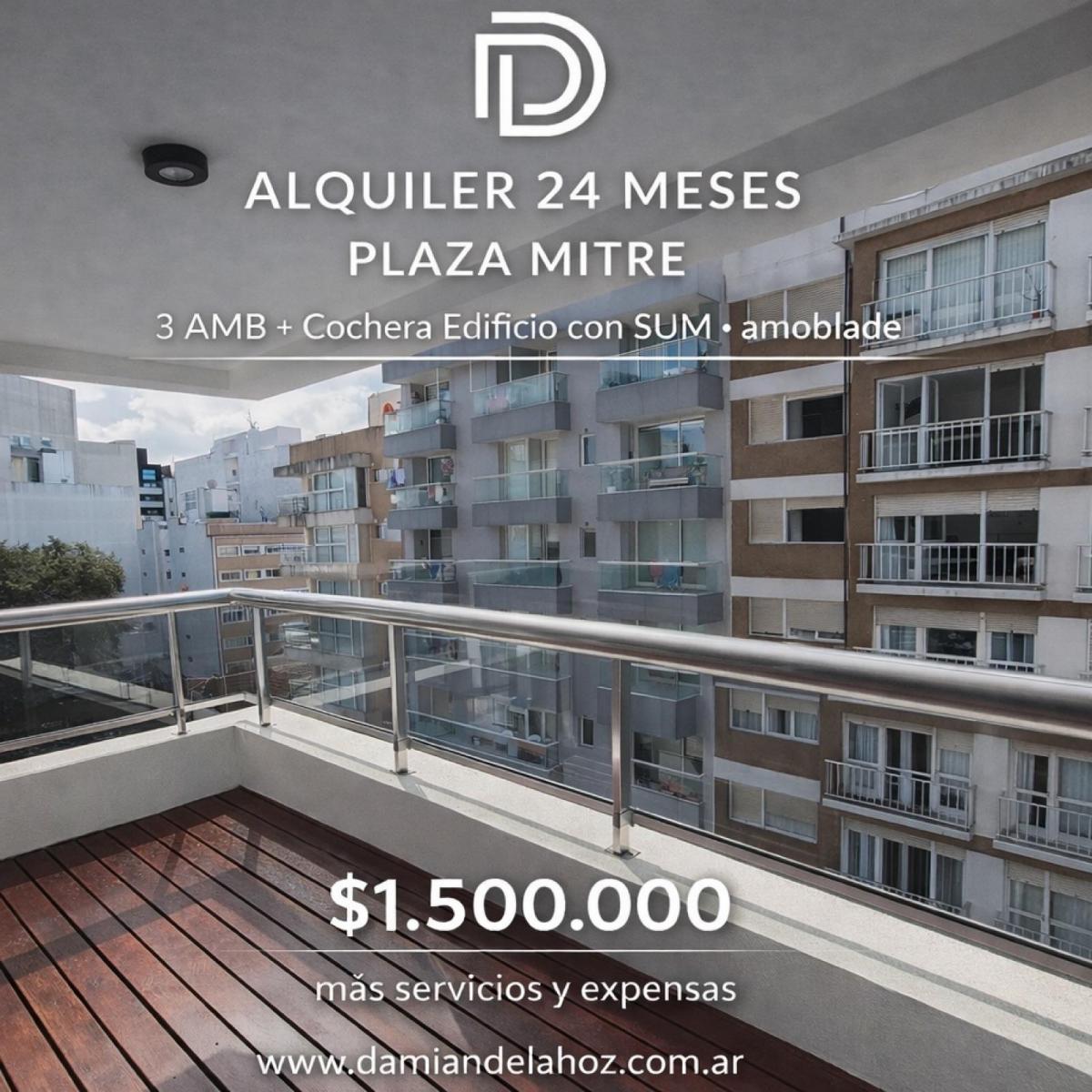 Depto 3 amb, 85m² amoblado con cochera fija — Plaza Mitre