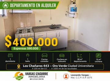 Departamento de 3 ambientes, Oro Verde · Departamento en Alquiler en Oro Verde: Disponible con Cochera Cubierta
