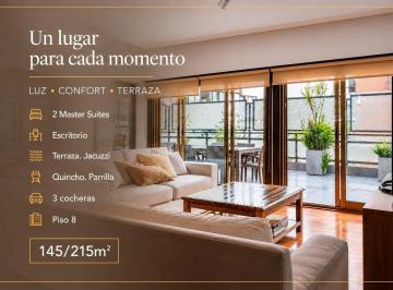 Departamento · 145m² · 4 Ambientes · 3 Cocheras · Gran Balcón Aterrazado. Jacuzzi· Quincho. Parrilla· 2 Master Suites. Escritorio· 3 Cocheras Fijas ·