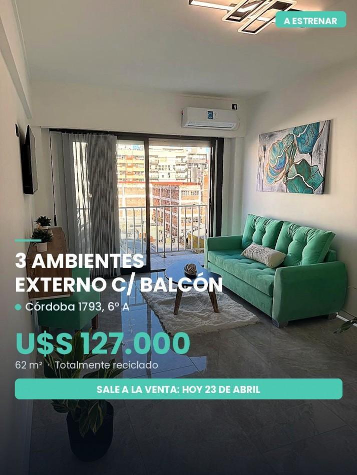 Depto 3 amb, 58m² cubiertos con balcón corrido — Centro