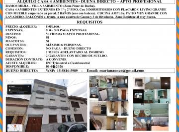 Casa de 4 ambientes Alquiler $ 890.000 · Alquilo Ramos Mejia / Villa Sarmiento. Zona Pinar de Rocha Casa 4 Ambientes