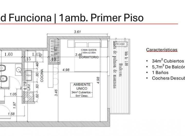 Departamento · 34m² · 1 Ambiente · 1 Cochera