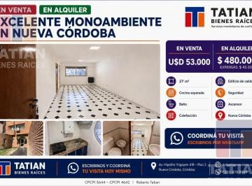 Departamento · 27m² · 1 Ambiente · Monoambiente en Venta en La Mejor Zona de Nueva Cordoba a m del Sanatorio Allende