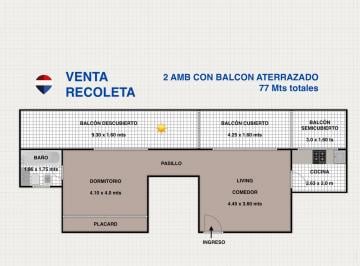 Departamento · 63m² · 2 Ambientes · 1 Cochera · Venta Depto 2 Amb 77 m Recoleta Balcon Terr Coch