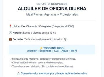 Oficina comercial de 1 ambiente, Chacarita · Oficina Monoambiente Moderna y Luminosa Alquiler Diurno Chacarita Colegiales