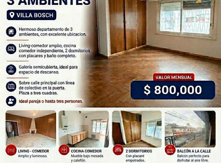 Departamento en alquiler en Villa Bosch · 3 ambientes