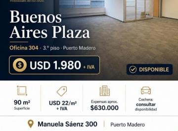 Oficina comercial · 90m² · 3 Ambientes · Se Alquila Oficina Amoblada | Buenos Aires Plaza, Puerto Madero