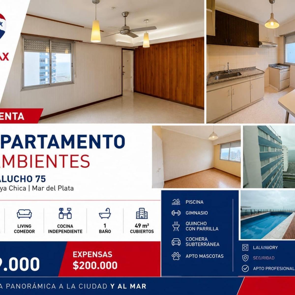 Departamento 3 amb, 49m² en Playa Chica, vista al mar