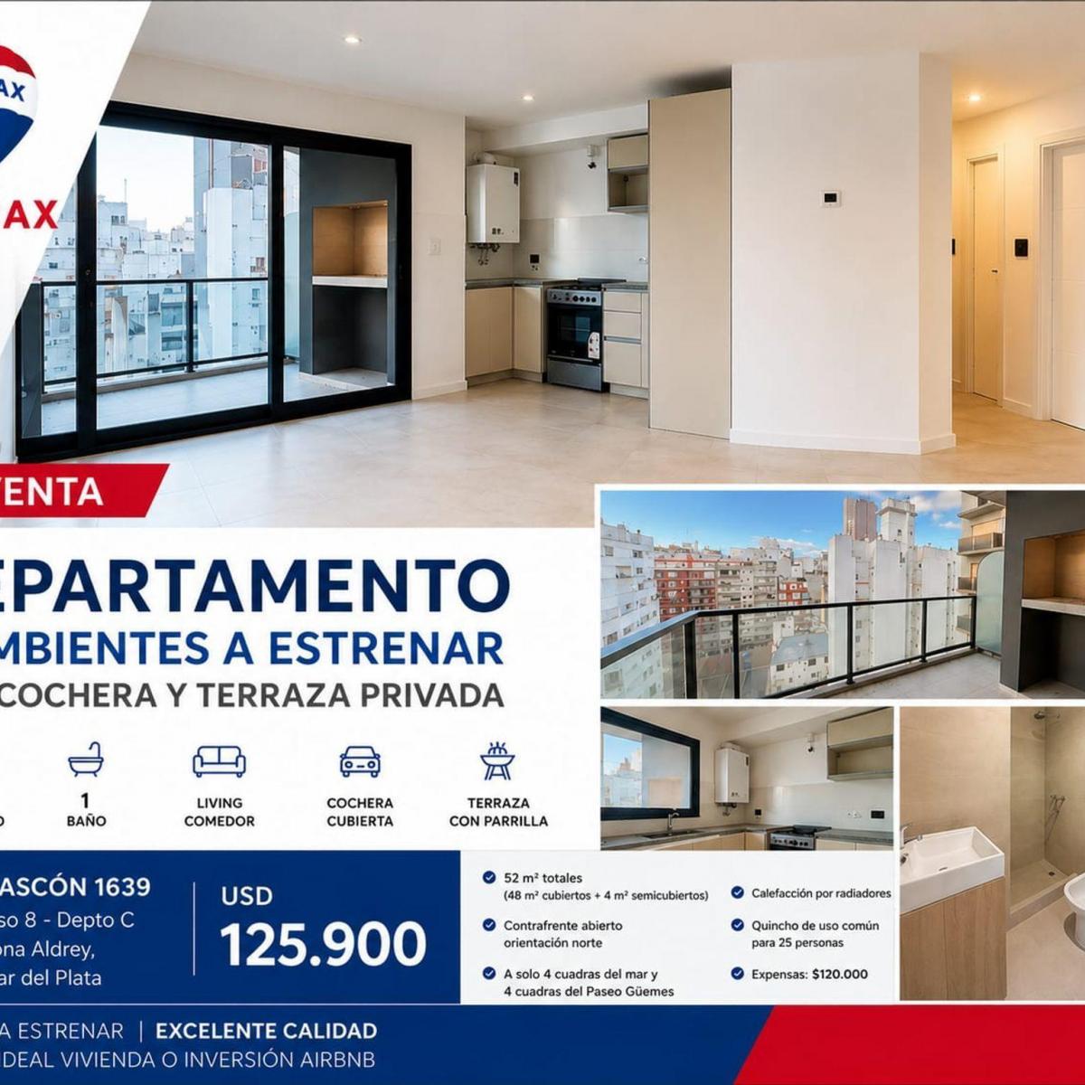 Depto 2 amb a estrenar con cochera y terraza privada – Zona Paseo Aldrey