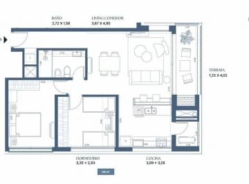 Departamento · 68m² · 3 Ambientes · Apto 2 Dorm con Terraza, en Pozo, Lago Calcagno