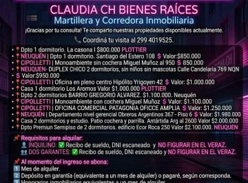 Departamento de 1 ambiente, Neuquén · Alquileres Disponibles Mes Agosto Claudia Chbienesraices