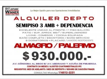 Departamento de 3 ambientes, Almagro · Alquiler Unidad 3 Amb + Dependencia + Patio