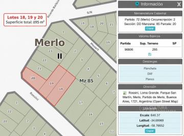 Terreno · 895m² · Venta Terreno en Esquina 895 m² – 3 Lotes – Loma Grande, Merlo