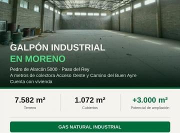 Bodega-Galpón · 1072m² · Galpón Industrial en Moreno — 1.072 m² Cubiertos · Terreno 7.582 m² · Gas Industrial · Potencial 3.