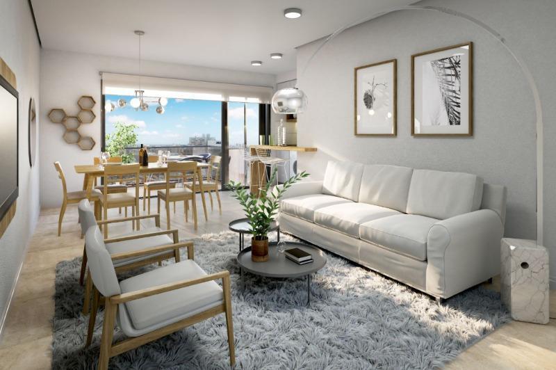 Magnífico 2 ambientes con balcón y parrilla, cocina semi integrada con barra, dormitorio en suite, toilette, edificio en construcción