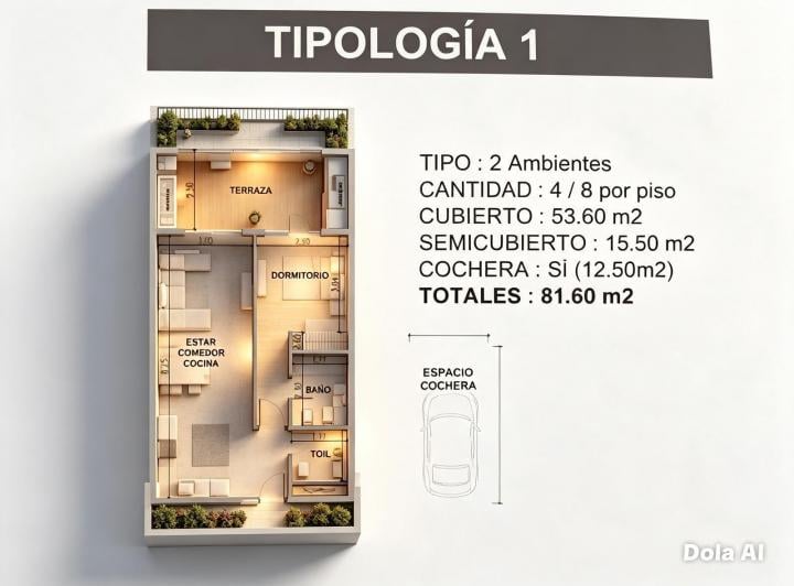 Departamento · 8160m² · 2 Ambientes · 1 Cochera