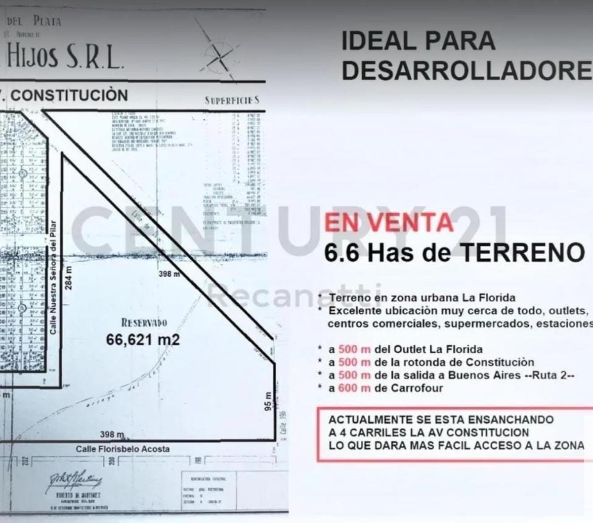 Terreno en venta ubicado sobre calle Ruta 2 e/ Avenida Constitucion y Florisbelo Acosta