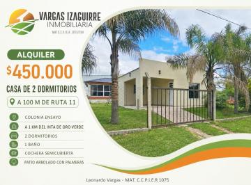 Casa de 3 ambientes, Colonia Ensayo · Casa en Alquiler en Colonia Ensayo: 2 Dorm. con Patio y Cochera a 100 m de Ruta 11