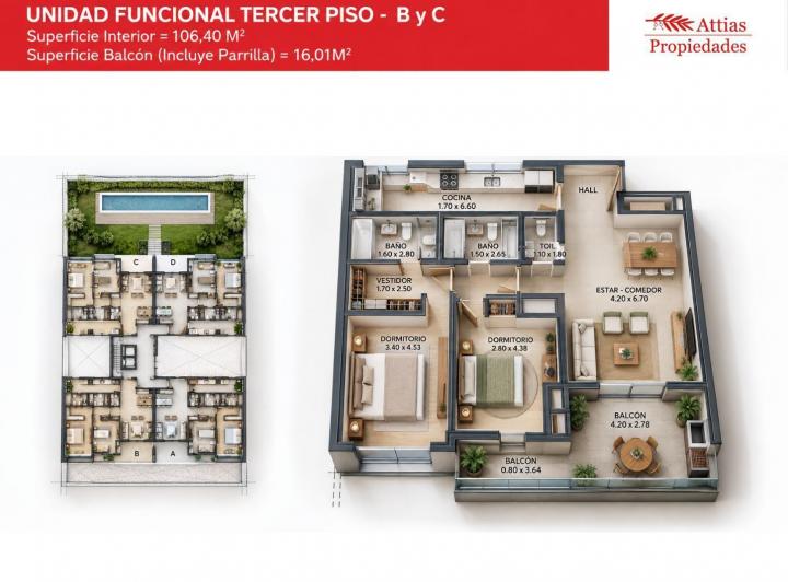 Departamento · 106m² · 3 Ambientes · 1 Cochera