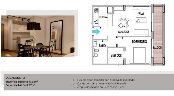 Departamento · 50m² · 2 Ambientes · 1 Cochera