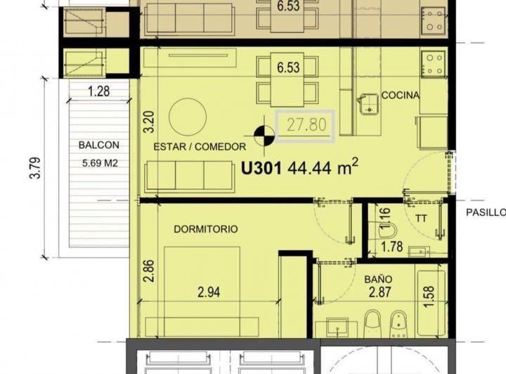 Departamento · 44m² · 2 Ambientes · 1 Cochera