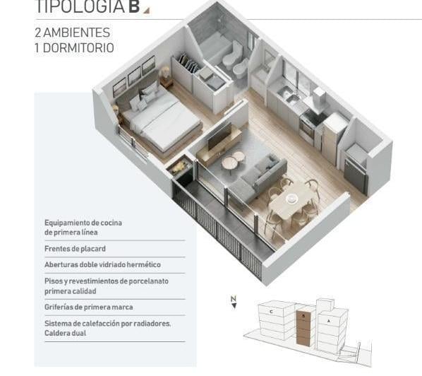 Departamento · 48m² · 2 Ambientes · 1 Cochera