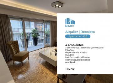 Departamento · 108m² · 4 Ambientes · 1 Cochera · Excelente Dpto. 4 Ambientes en Alquiler Temporal Totalmente Equipado con Cochera en Recoleta.