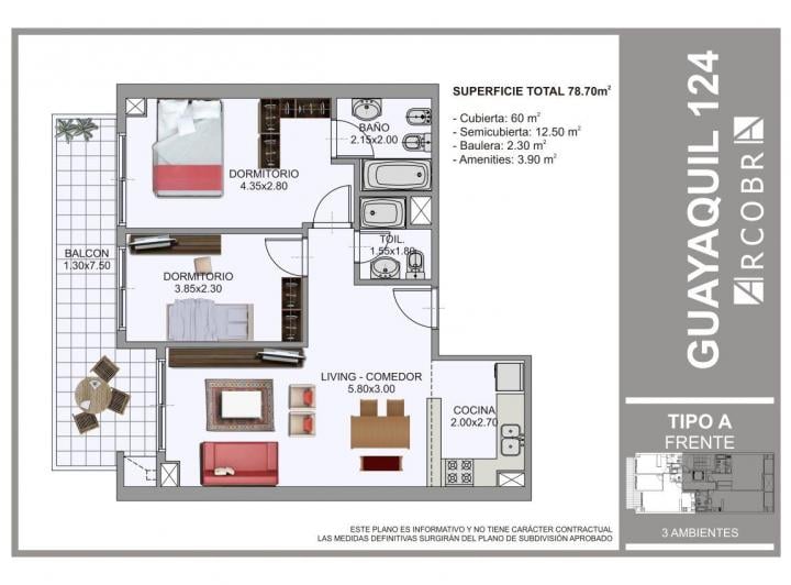 Departamento · 55m² · 3 Ambientes · 1 Cochera